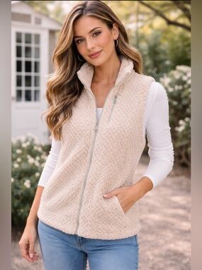 Calvin Klein Sherpa Teddy Fleece Zip Vest Beige Size Small